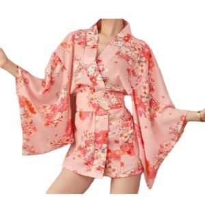 Japanese Chrry Blossom Sakura Cats Kawaii Pink Kimono with belt S/M